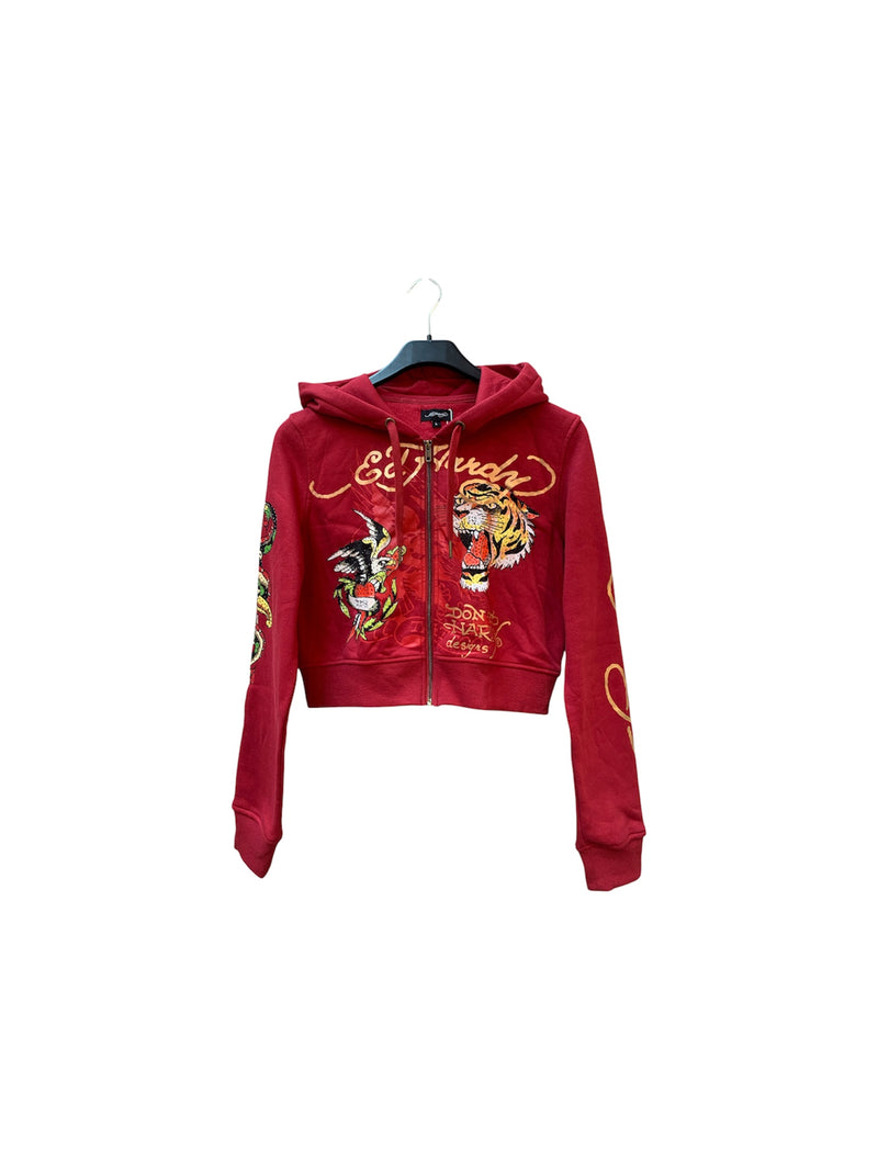 Womens Ed Hardy Red Rhinestone Cropped Zip Hoodie