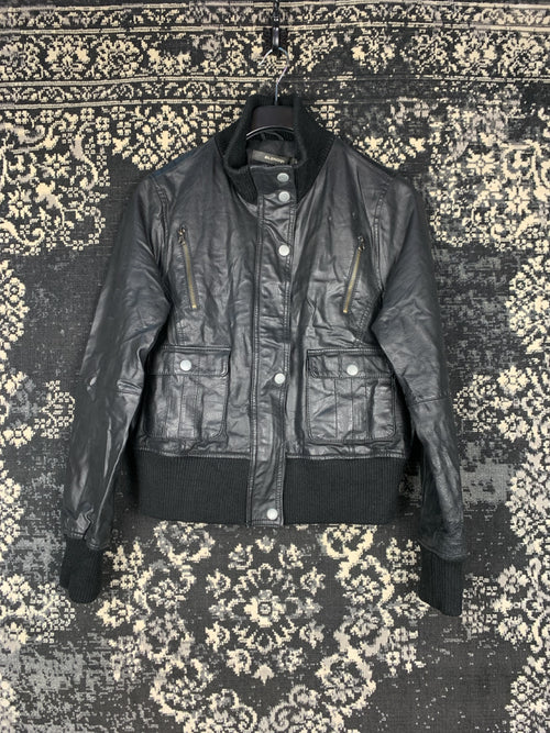Unisex Y2K Black Faux Leather Bomber Jacket