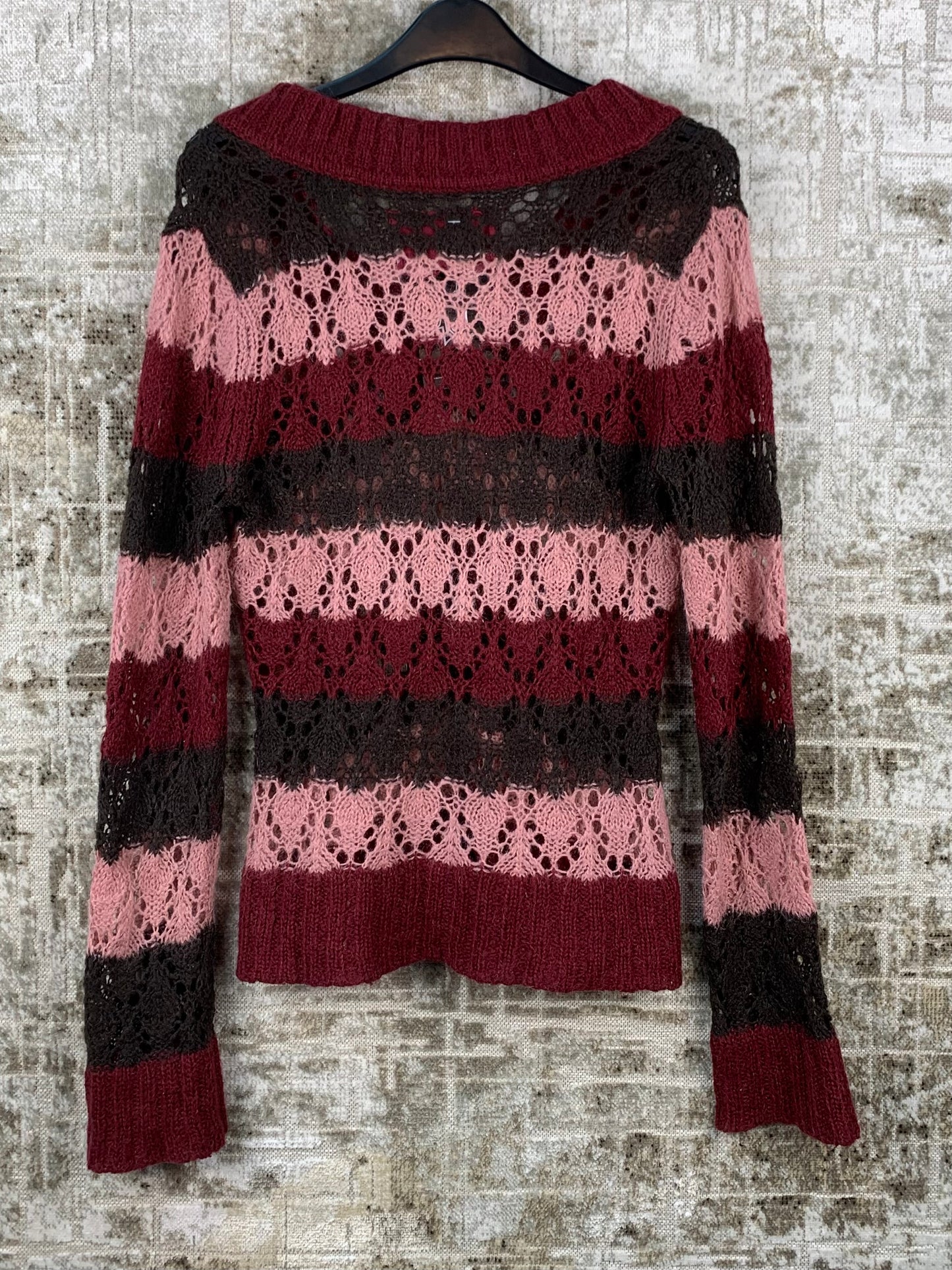 Womens Y2K Lace Knit Pink Burgundy Sweater