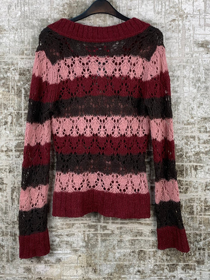 Womens Y2K Lace Knit Pink Burgundy Sweater