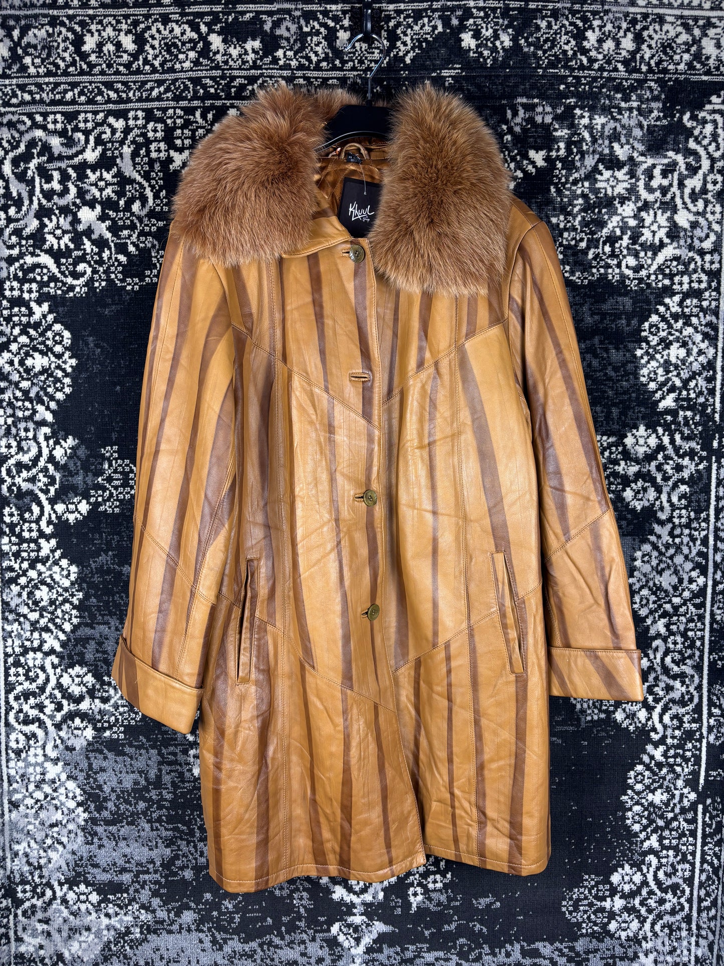 Women's Y2K Caramel Brown Funky Striped Leather Coat