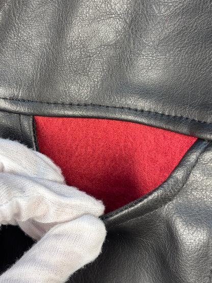 Unisex Vintage Black Leather Jacket Red Collar Detail