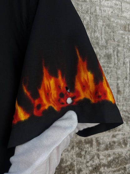 Mens Y2K Lip Line Flame Print Button Up Shirt
