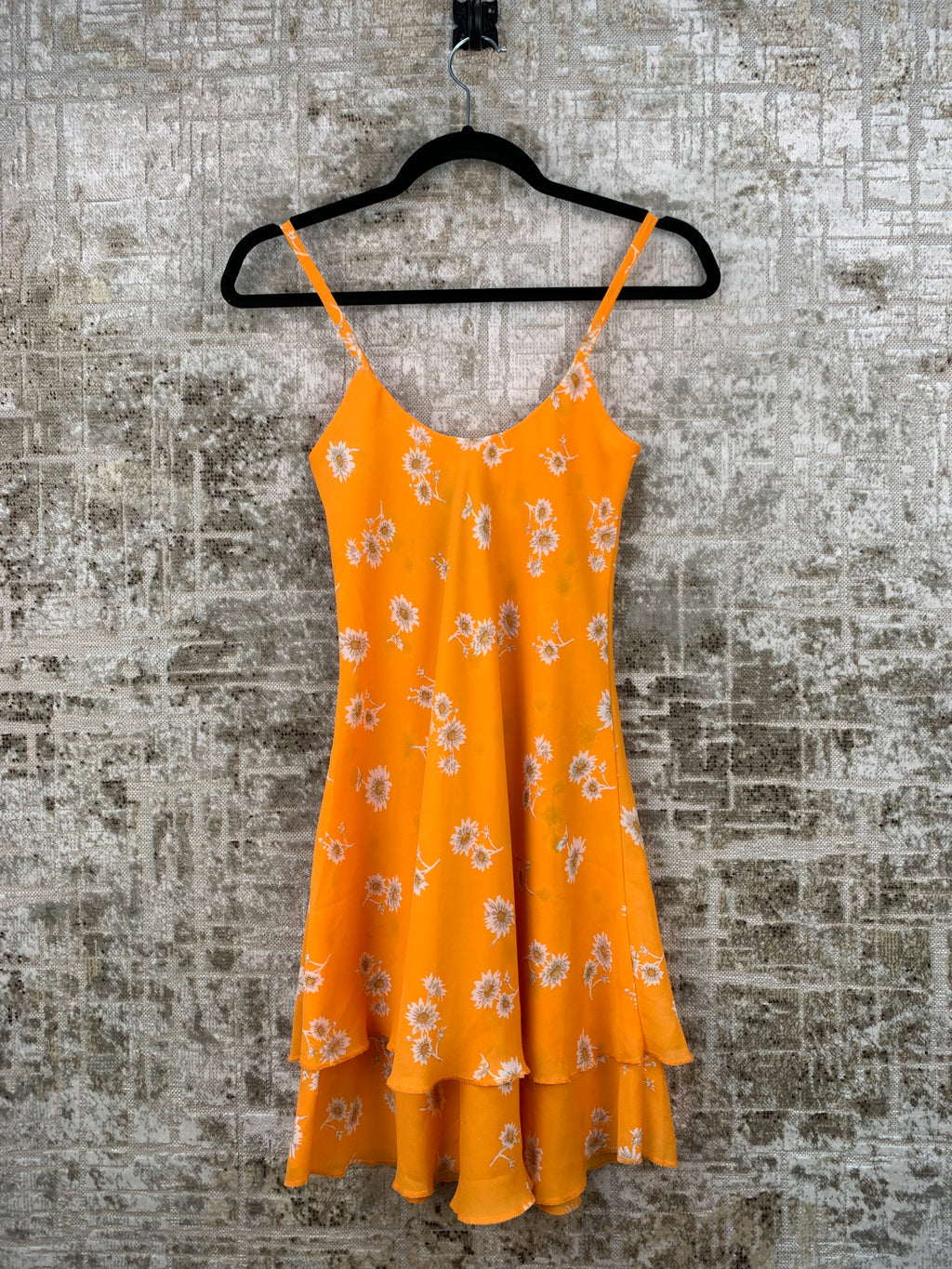 Womens Y2K Orange Floral Spaghetti Strap Dress