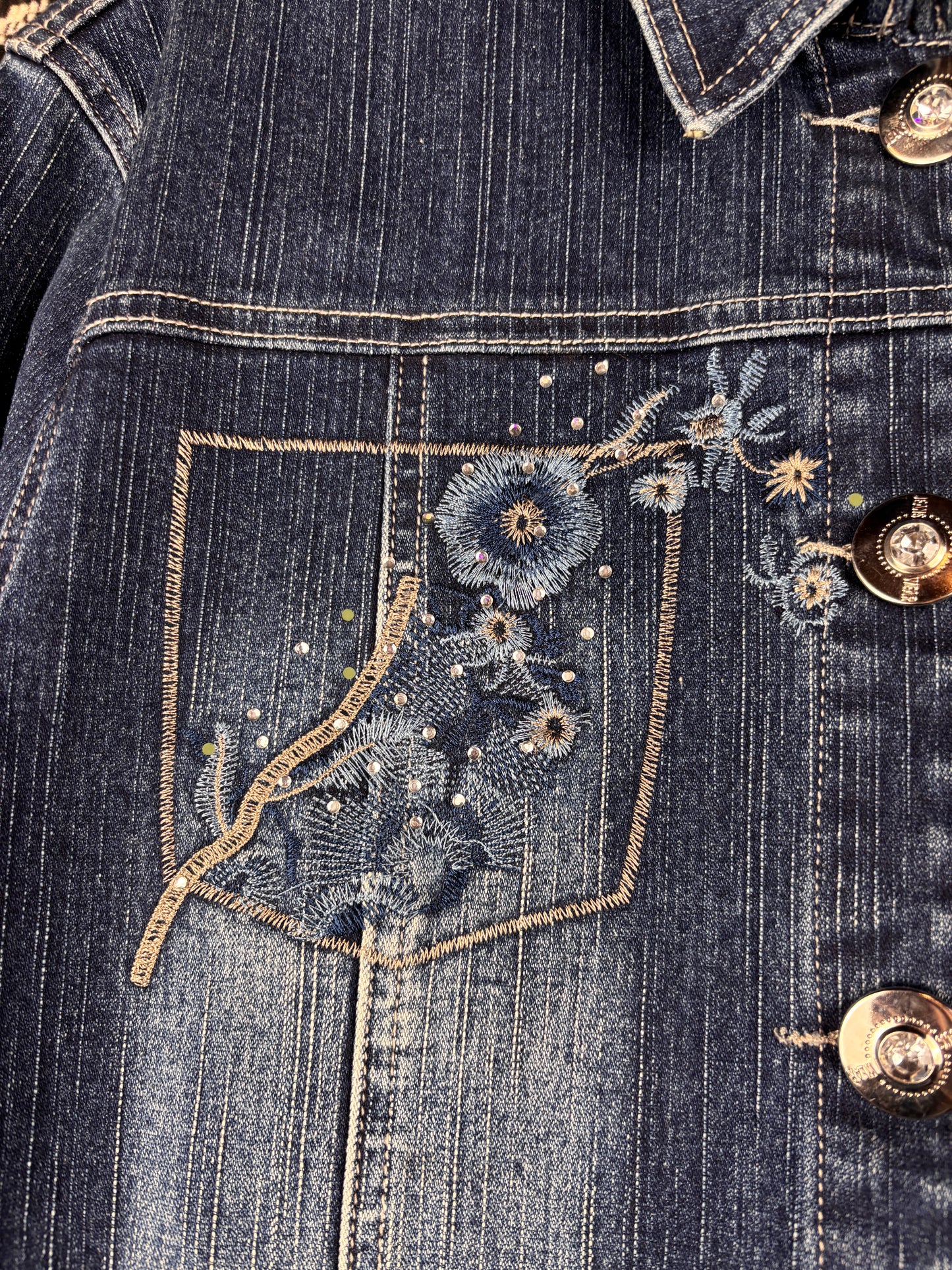 Womens Y2K Blue Denim Two Piece Set Embroidered Beaded Jacket