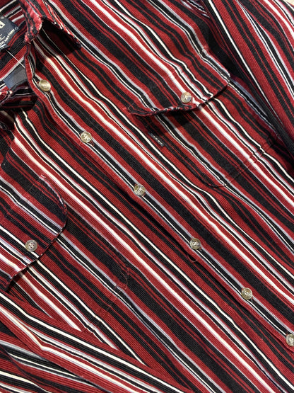 "SPEED jeans" Red, White, Black and Grey Striped Long Sleeve Button Up Shirt