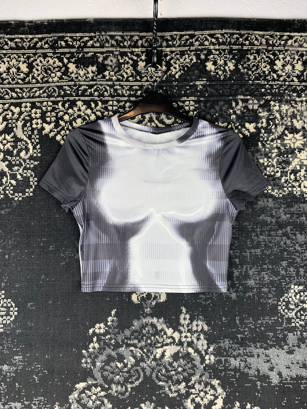 Y2K Women’s Futuristic Skeleton Illusion Graphic Cropped Tee