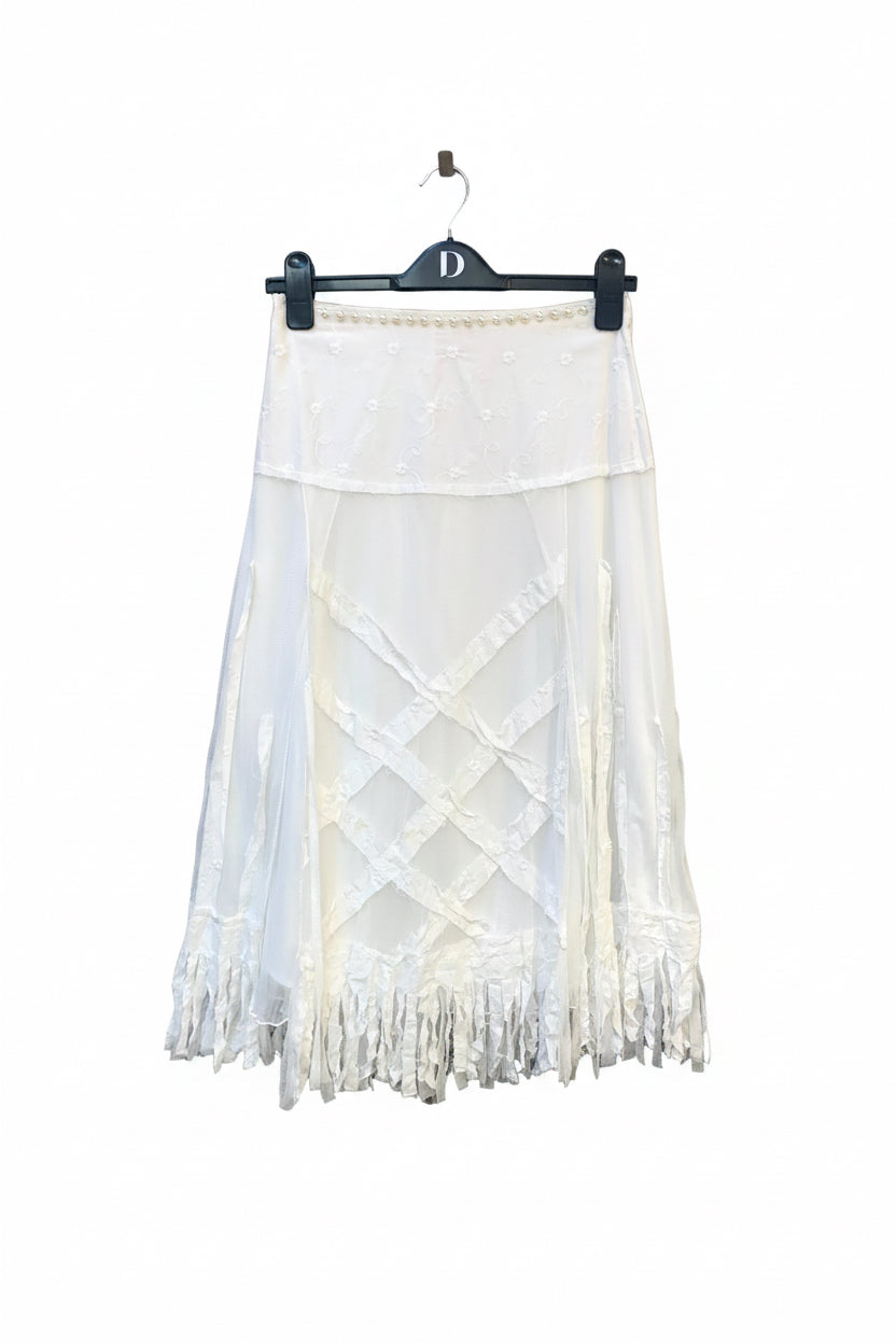 Y2K Mesh Lattice Fringe Midi Skirt