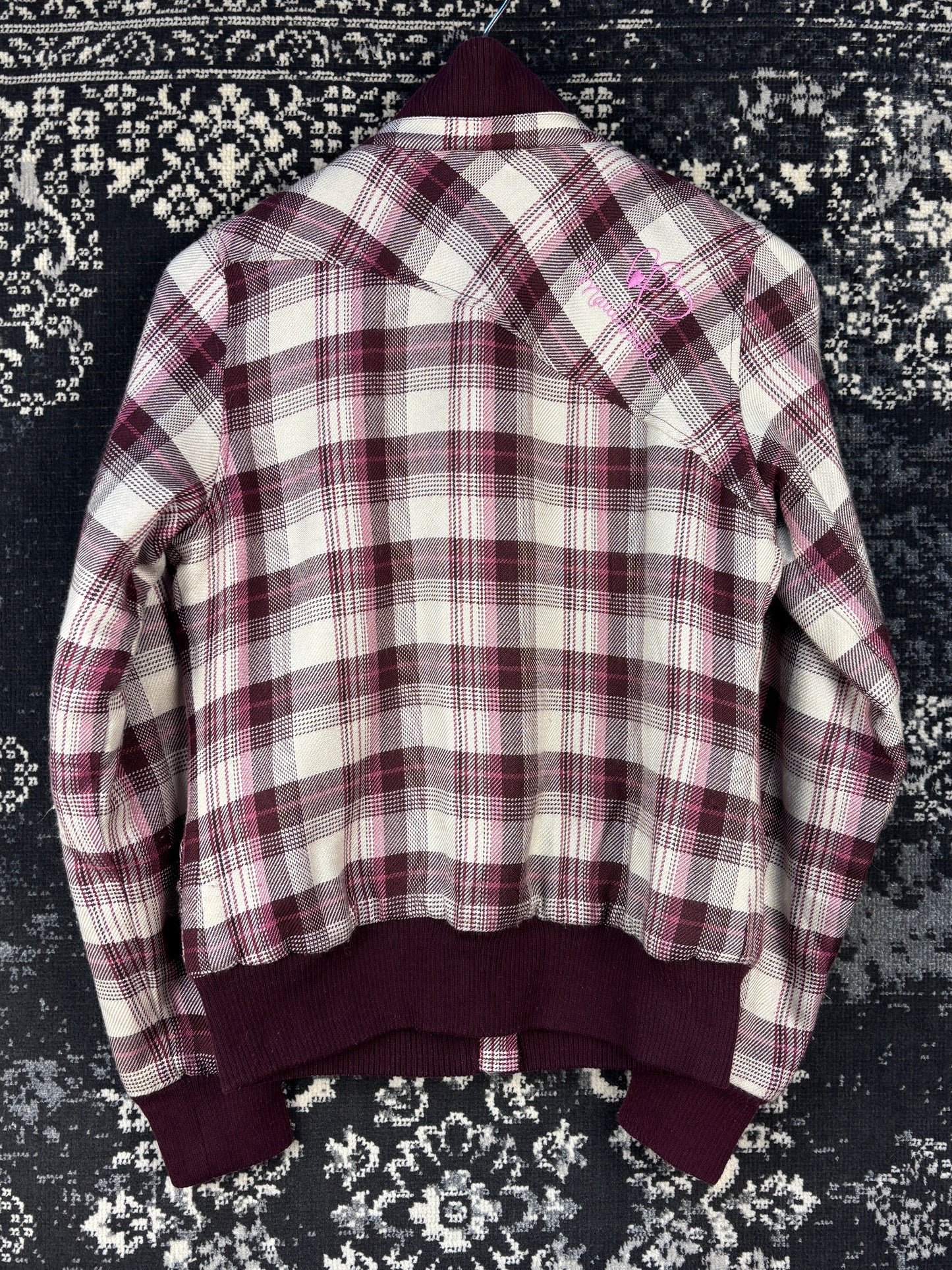 Womens Y2K Burgundy and Pink Plaid Patterned Bomber Jacket