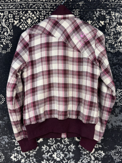 Womens Y2K Burgundy and Pink Plaid Patterned Bomber Jacket