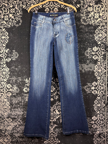Womens Y2K Blue Denim Two Piece Set Embroidered Beaded Jacket