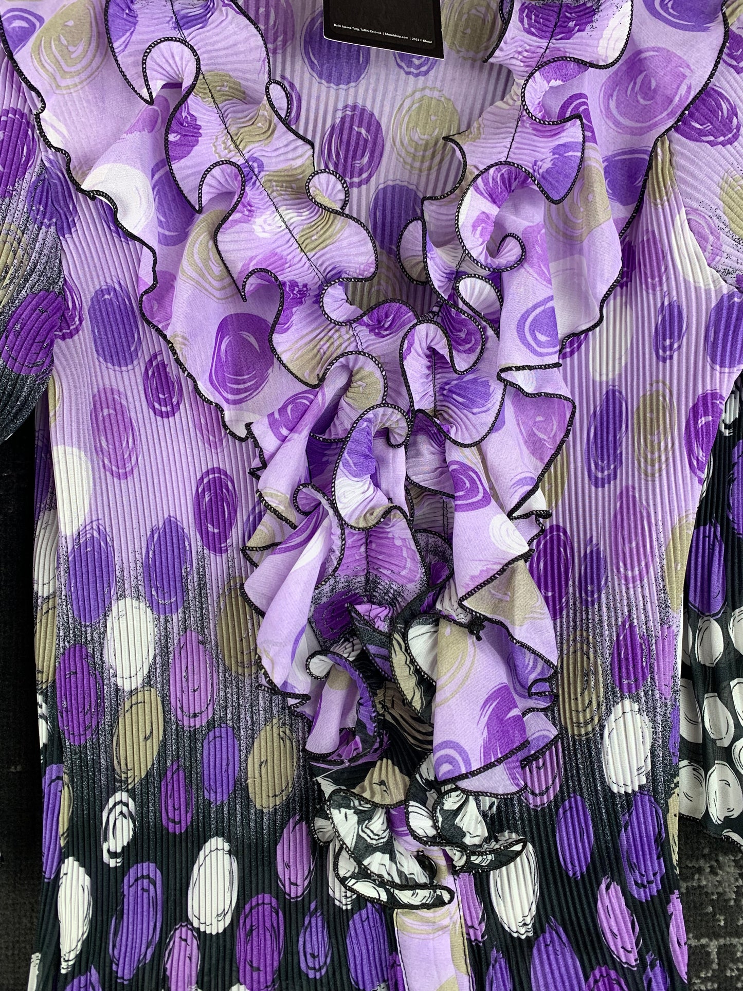Retro Funky Ruffle Blouse – Purple Pleated Polka Dot Print