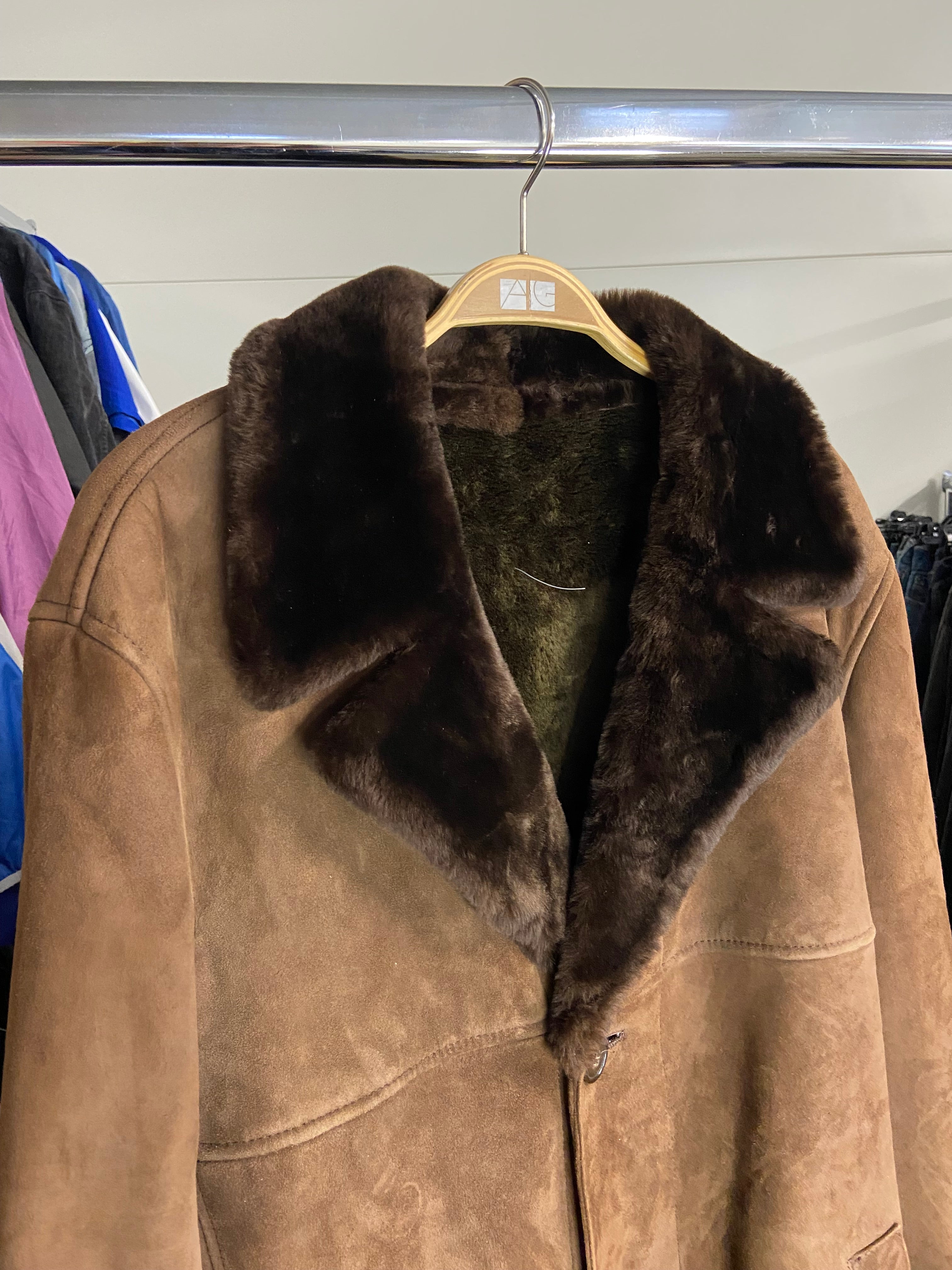 Vintage Shearling Sheepskin Spirit of St.Louis Long Coat Brown Mens XL