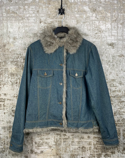 Women's Y2K Denim Jacket Grey Faux Fur Trim Blue Coat