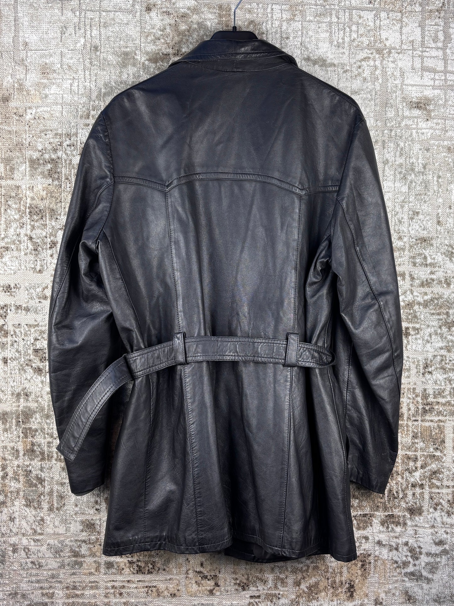 Womens Vintage Black Leather Coat Belted Jacket