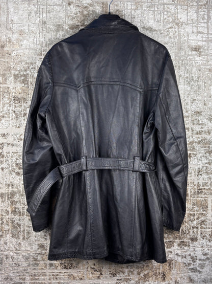 Womens Vintage Black Leather Coat Belted Jacket