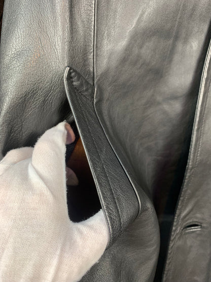 Men's Vintage Black Leather Coat with Brown Fur Collar