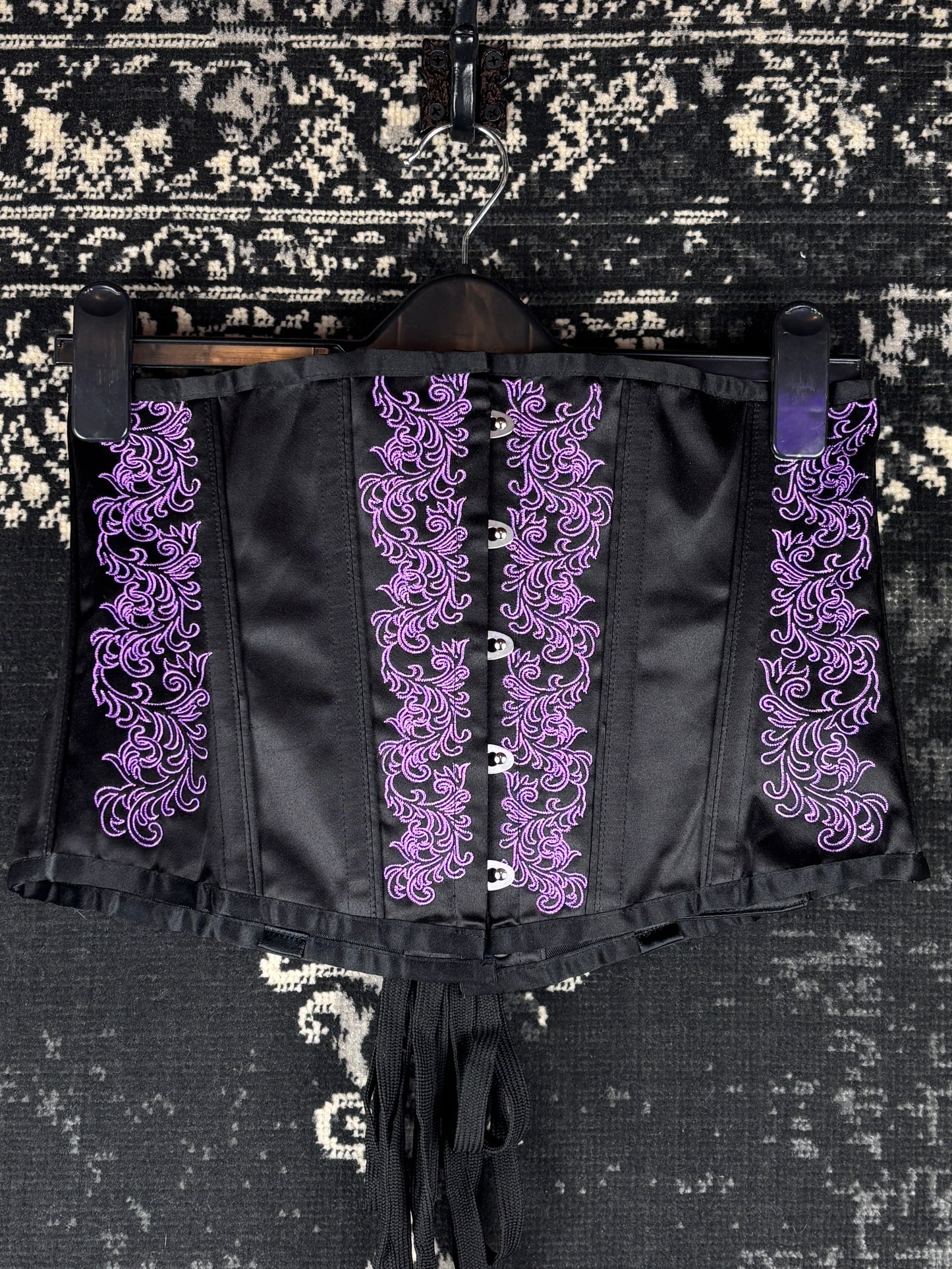 Women's Gothic Black Satin Corset Top With Purple Embroidery