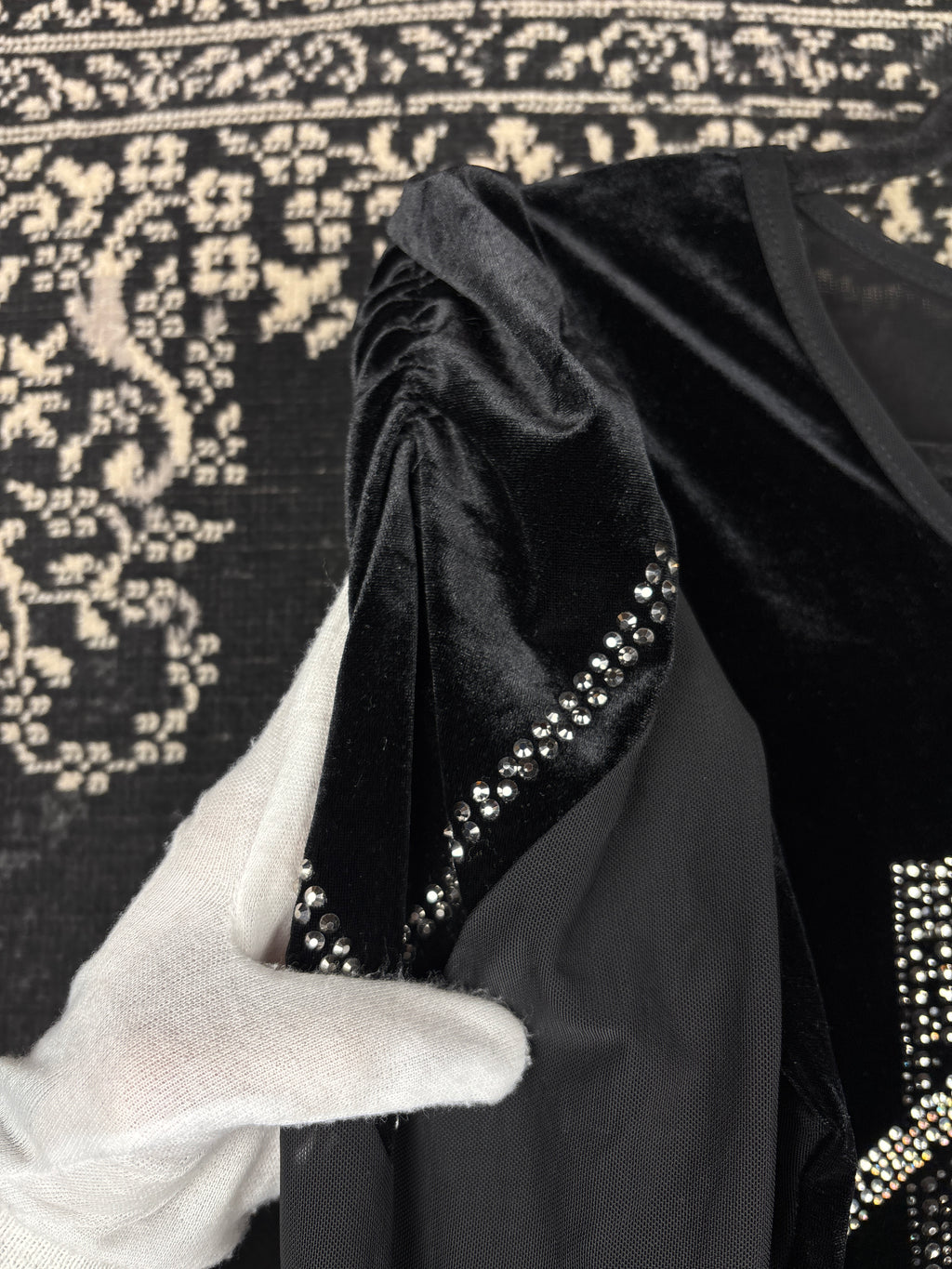 Women's Y2K Black Velvet Longsleeve Top with Beaded Front