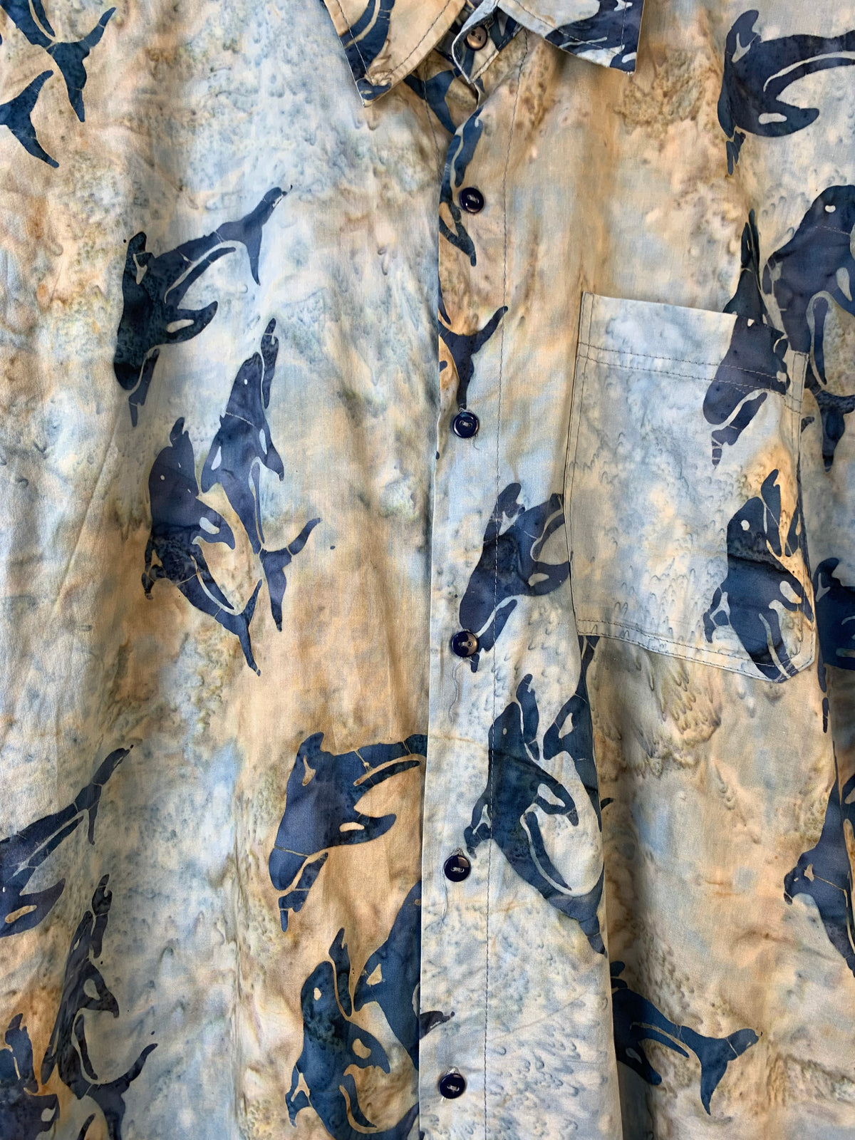 Mens Y2K Fish Print Blue Beige Button Up Shirt