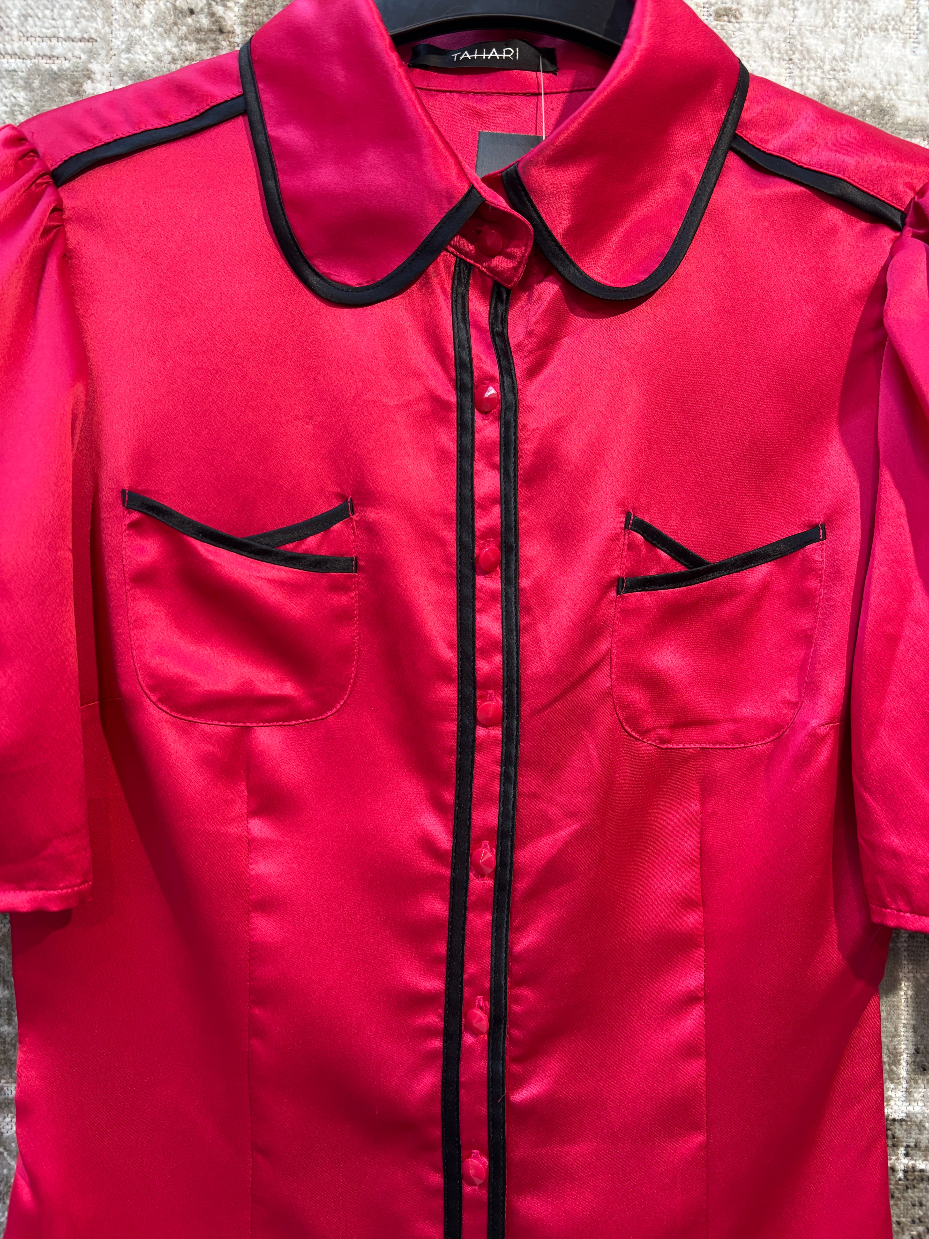 Tahari Satin Puff-Sleeve Blouse