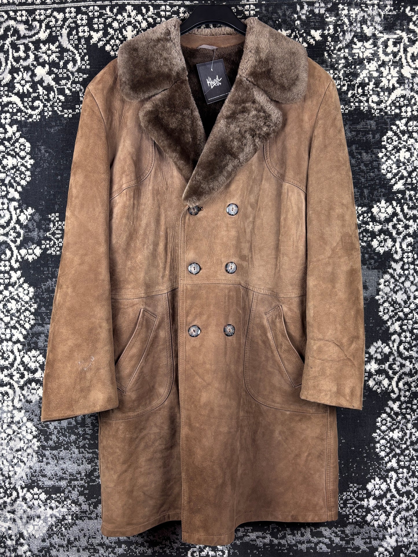 Women's Y2K Vintage Brown Faux Suede Long Coat with Soft Faux Fur Trim