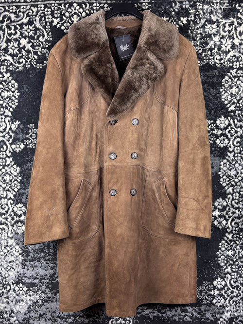 Women's Y2K Vintage Brown Faux Suede Long Coat with Soft Faux Fur Trim