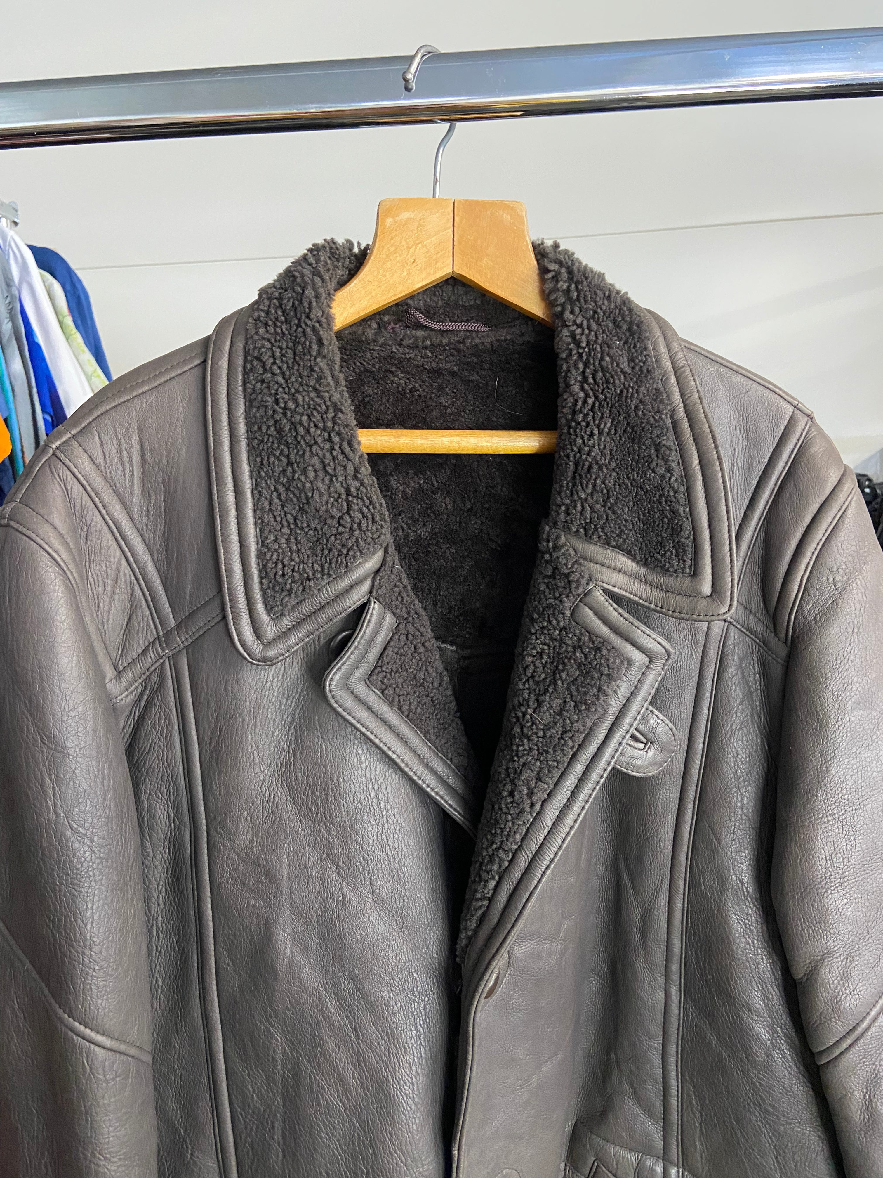 Men's Vintage Sheepskin Long Coat Size 54 XL Brown Winter