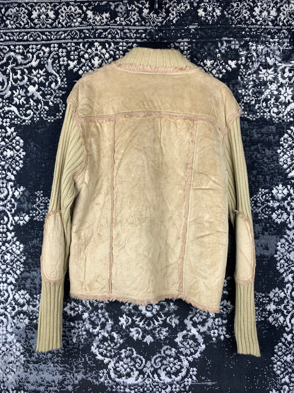 Women's Light Brown Suede Jacket with Ribbed Knit Sleeves and Collar