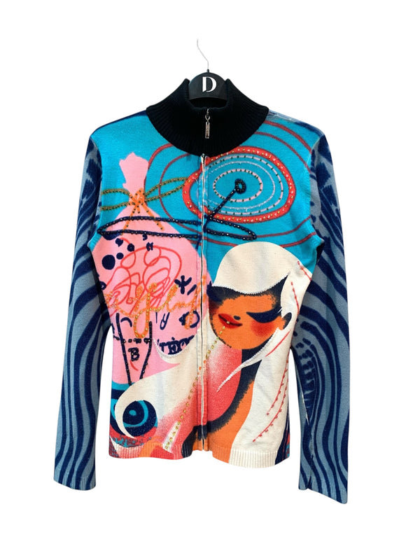 Custo Barcelona Y2K Beaded Graphic Zip Sweater