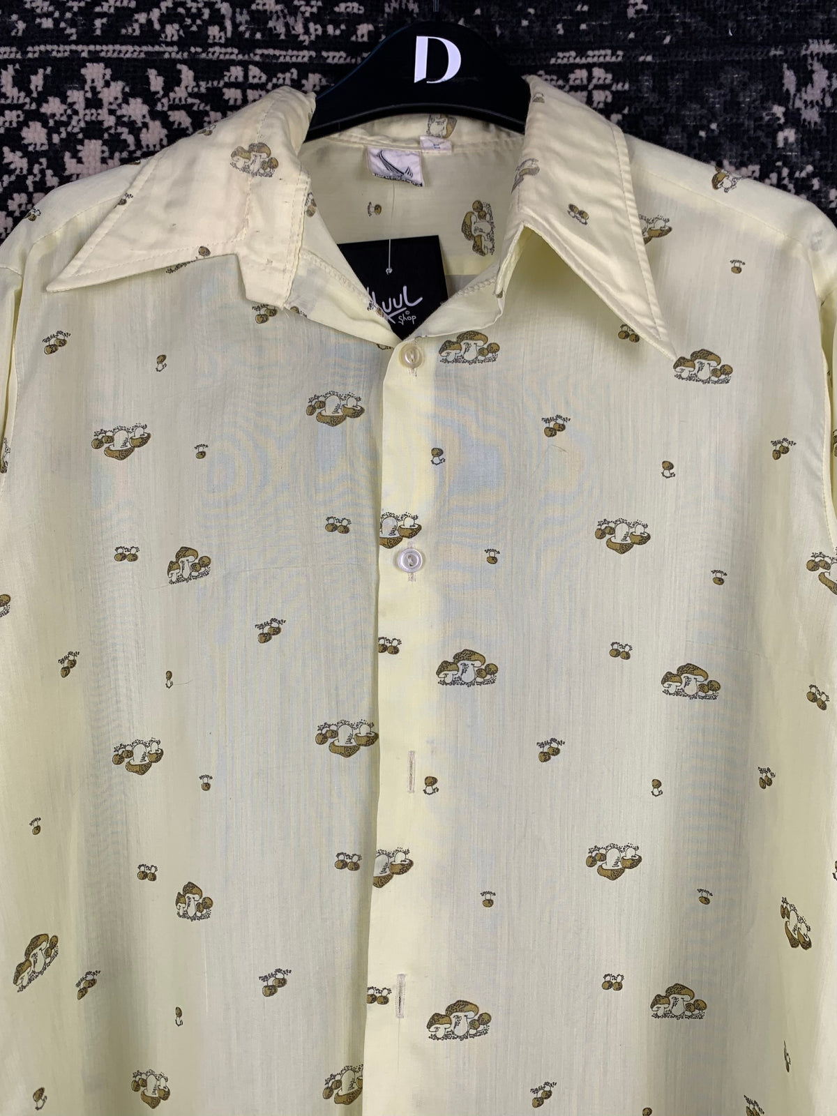 Womens Vintage 70s Butter Yellow Mushroom Print Longsleeve Shirt