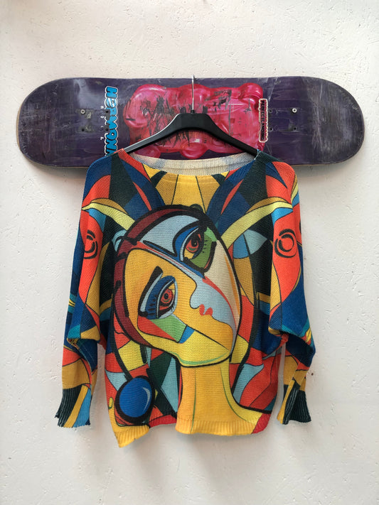 Abstract Face Print Knit Sweater