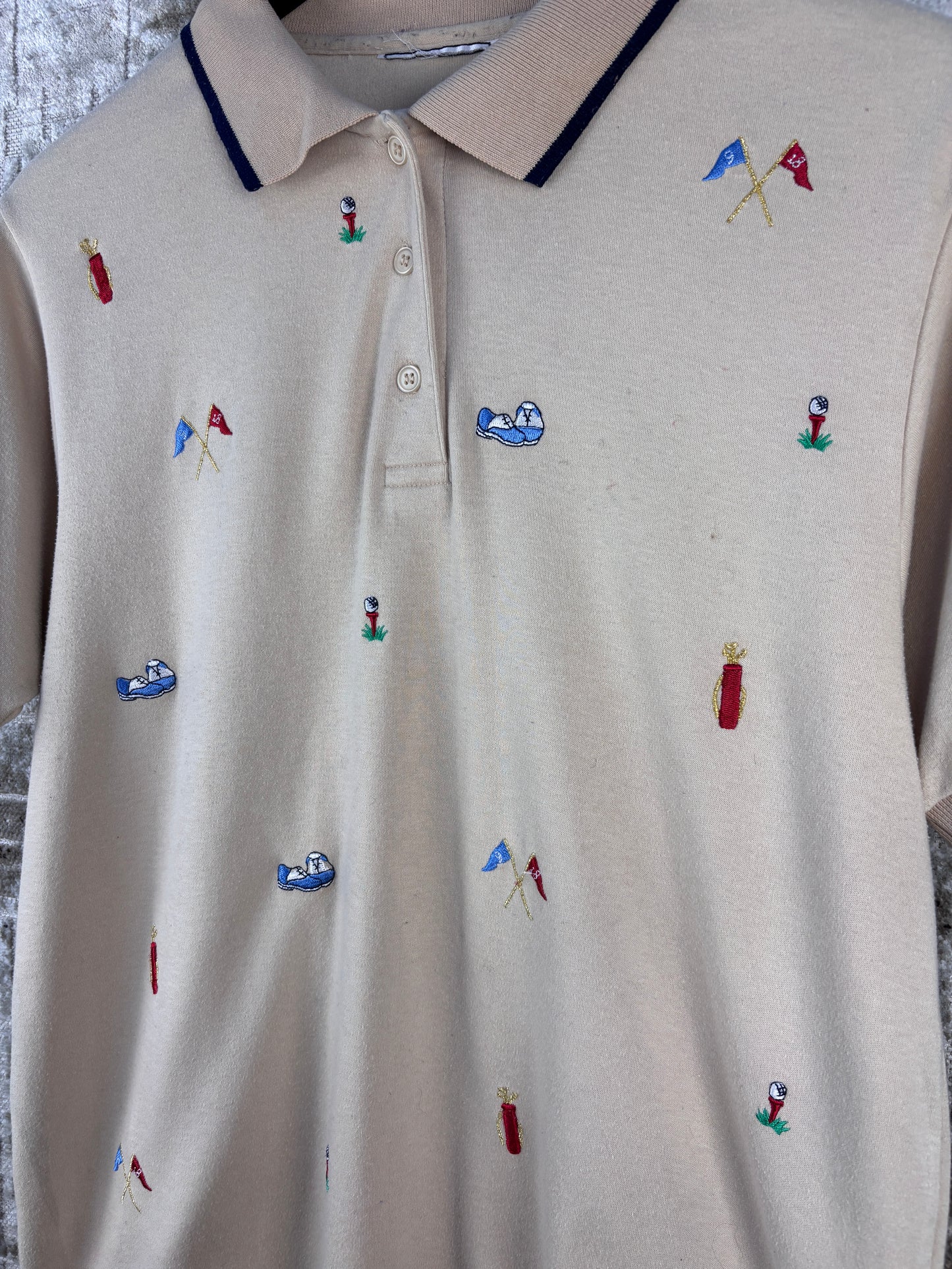Mens Vintage Beige Golf Embroidered Polo Shirt
