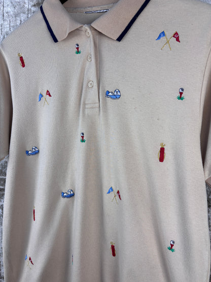 Mens Vintage Beige Golf Embroidered Polo Shirt