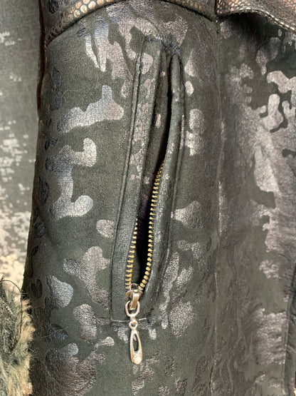 Women's Y2K Black Patterned Jacket with Faux Fur Trim