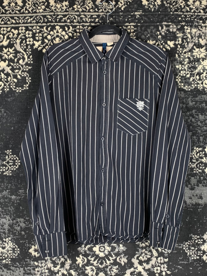 Men's Vintage Dark Blue Striped Longsleeve Button-Up