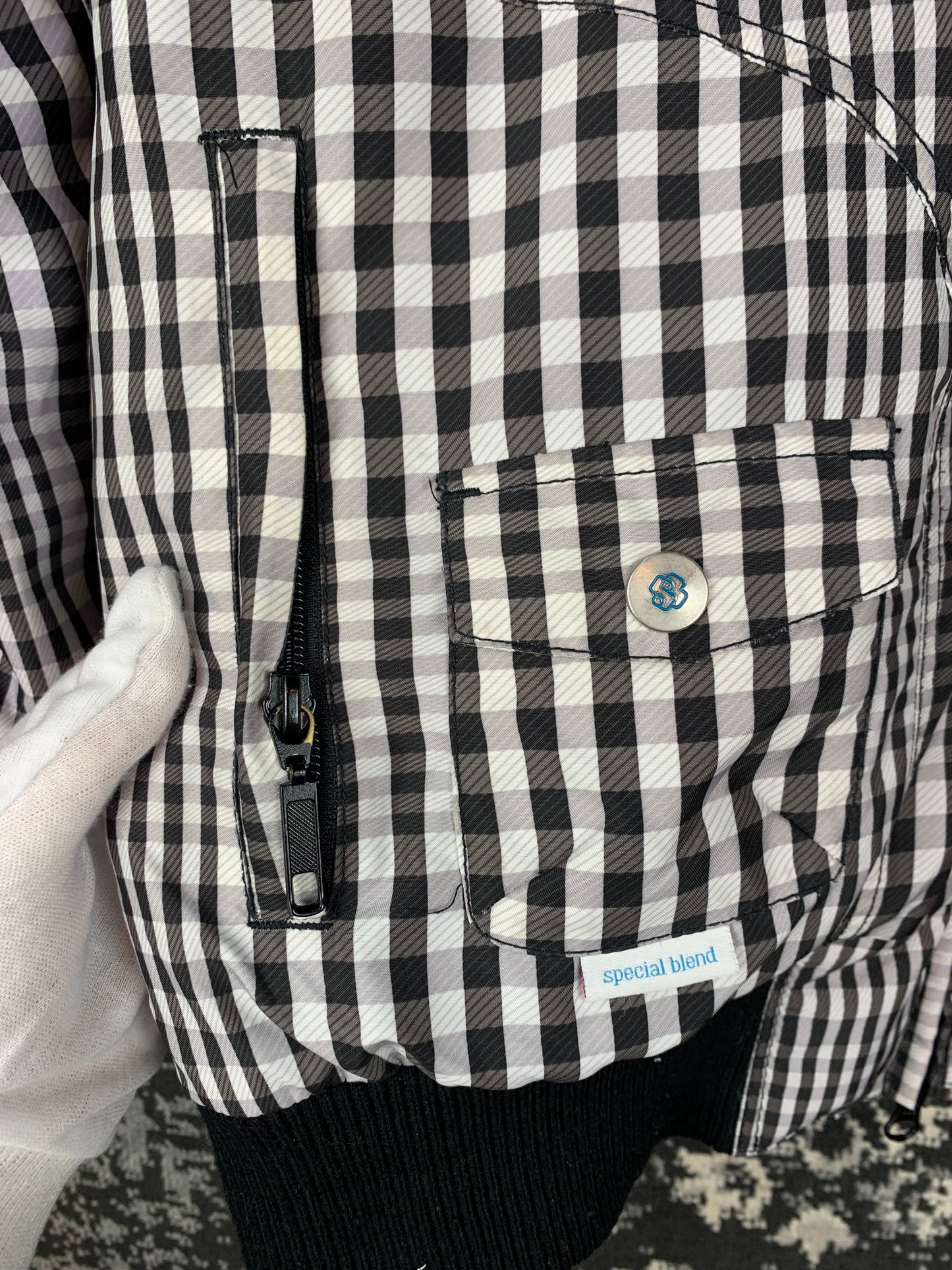 Mens Y2K Vintage Black and White Checkered Zip-Up Bomber Jacket