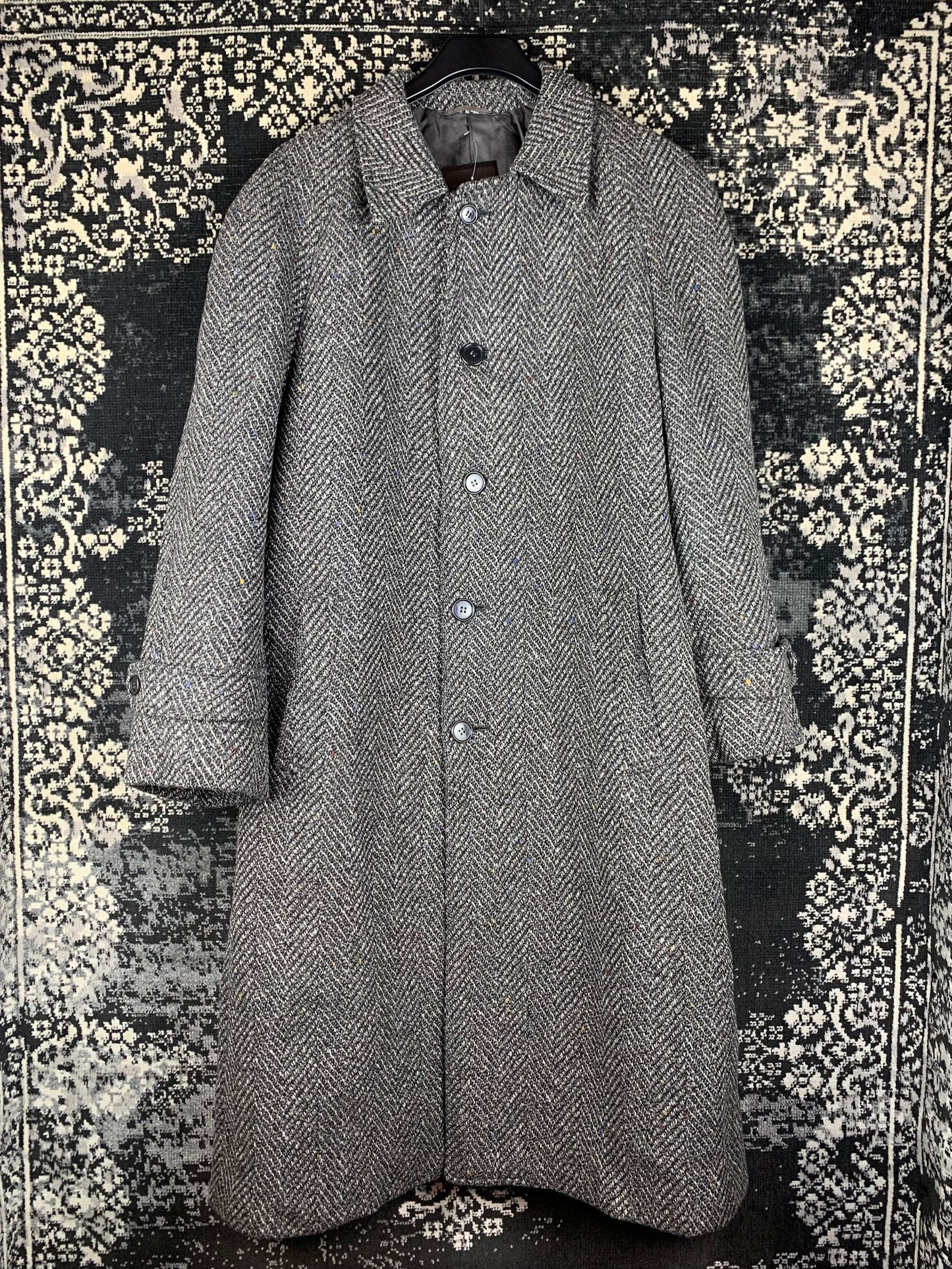 Men's Vintage Gray Wool Herringbone Long Overcoat