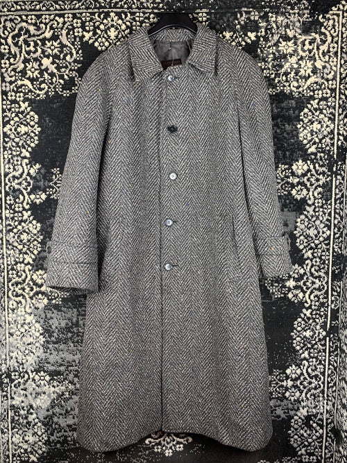 Men's Vintage Gray Wool Herringbone Long Overcoat