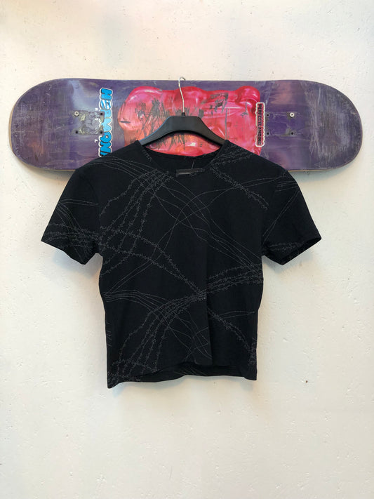 Black Fitted T-Shirt With Abstract Line Art Print