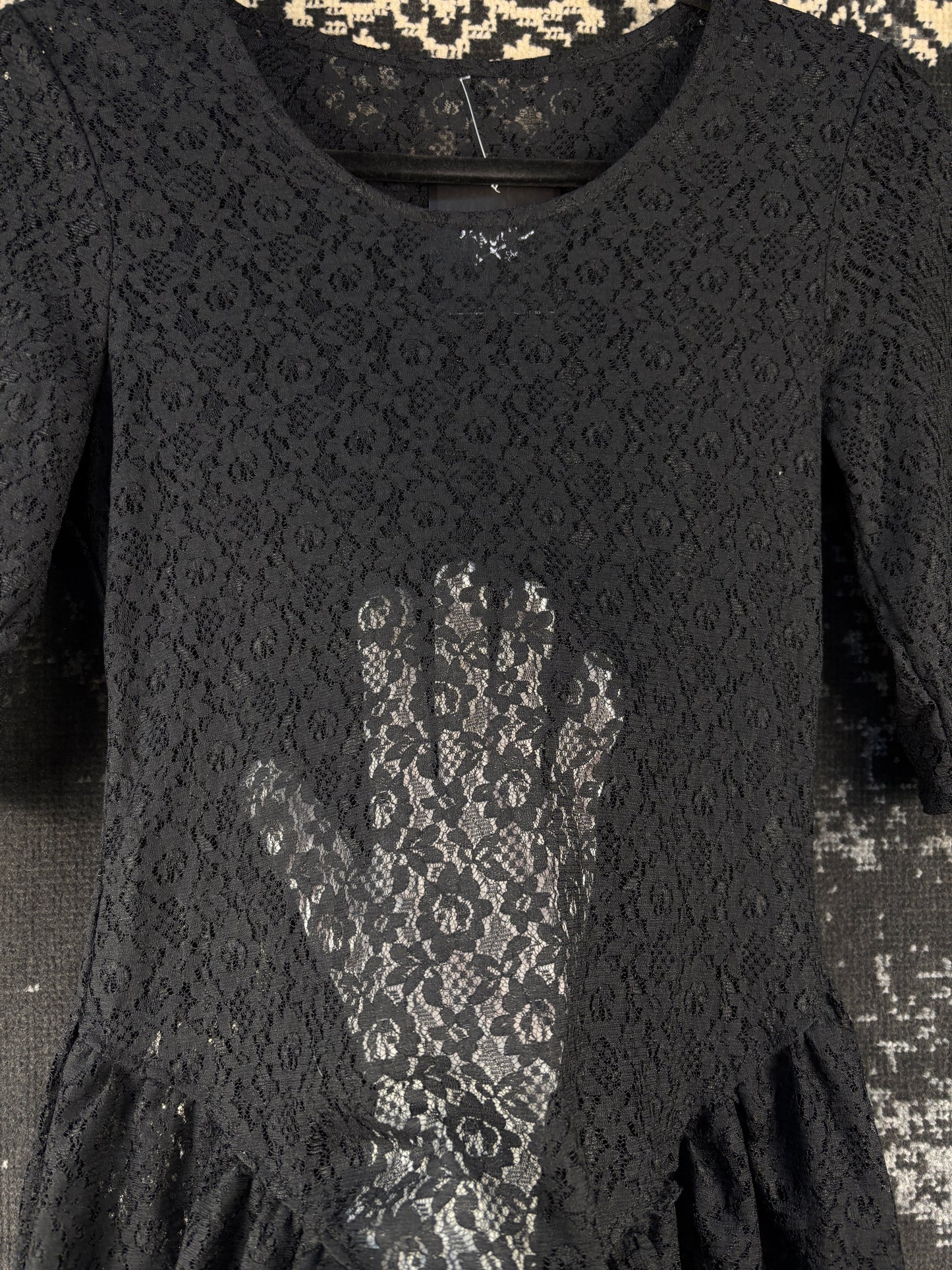 Womens Vintage Black Sheer Lace Mini Dress