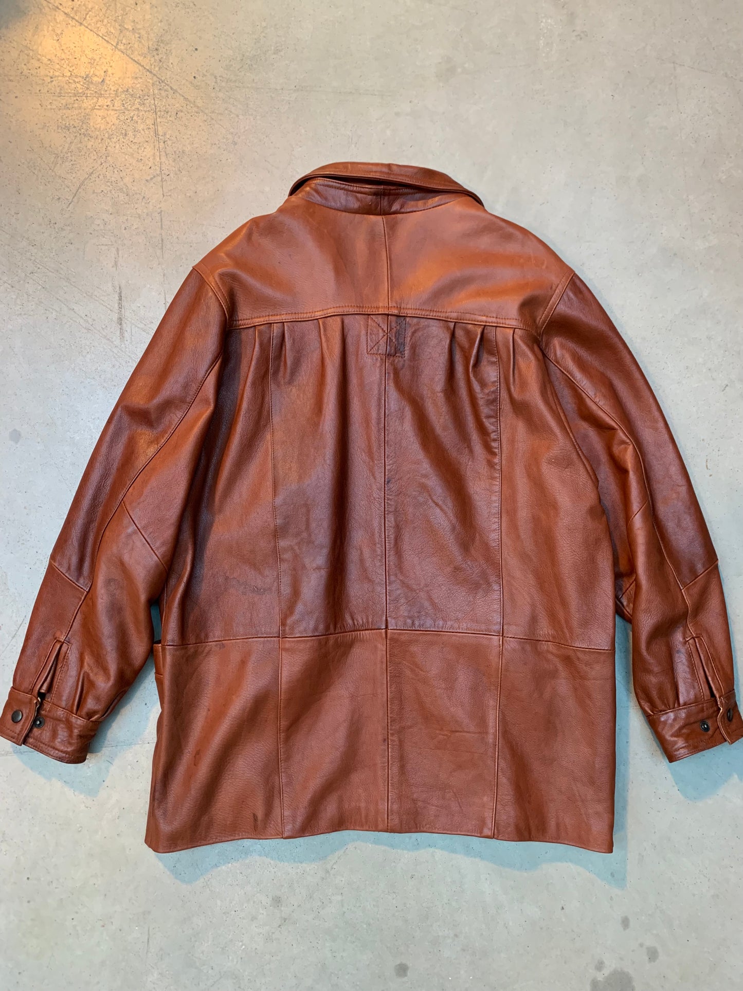 Unisex Vintage Brown Leather Coat with Snap Button Front