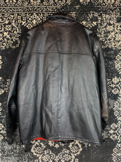 Vintage Black Leather Zip-Up Jacket with Stand Collar