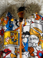 Raw Blue Y2K Cartoon Print Fur-Hood Puffer Jacket