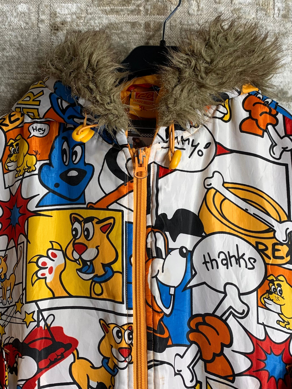 Raw Blue Y2K Cartoon Print Fur-Hood Puffer Jacket