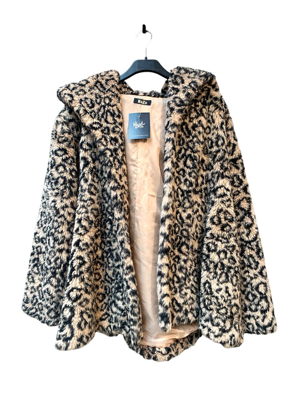 KoZo Leopard Print Hooded Faux Fur Jacket