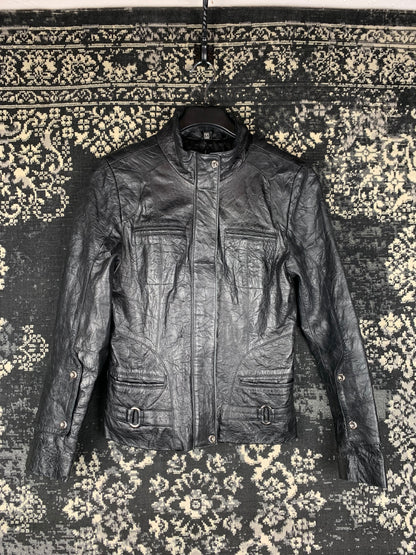 Women's Y2K Black Faux Leather Belted Biker Jacket
