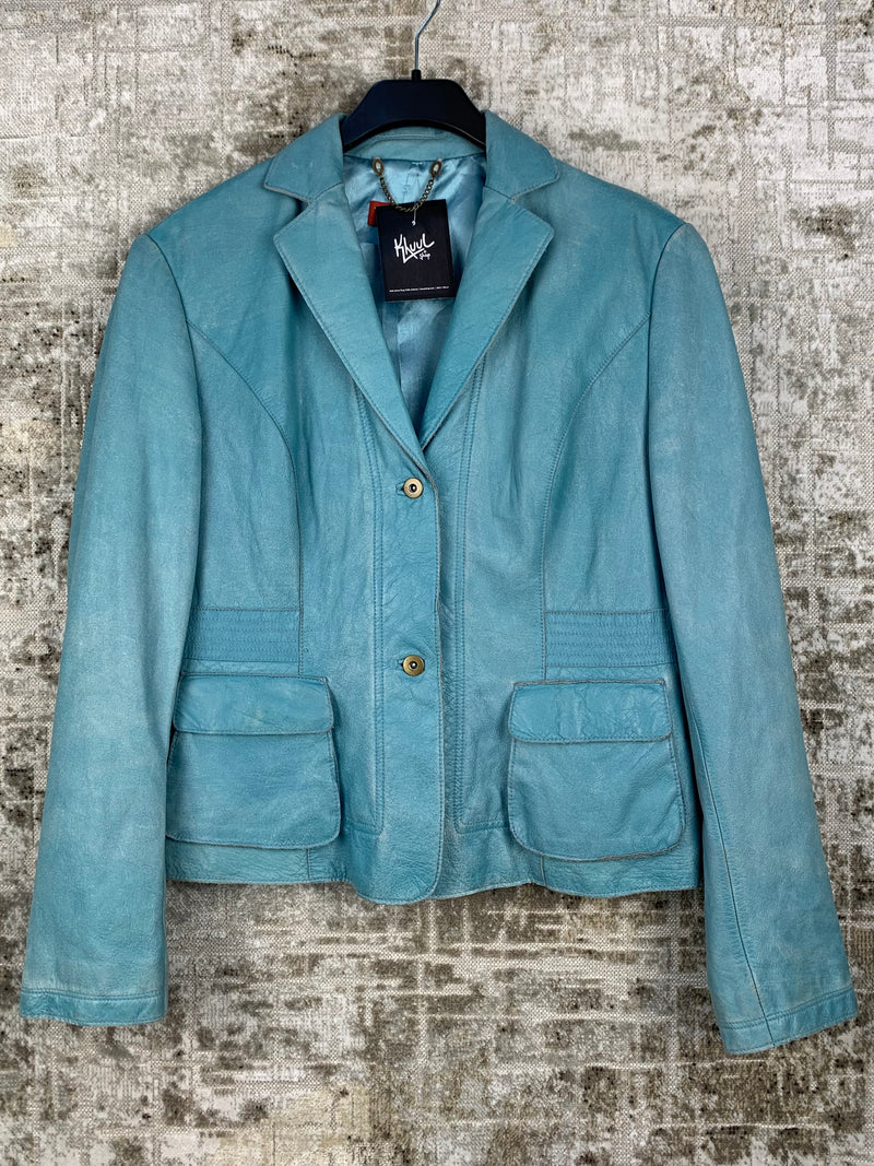 Womens Vintage Taifun Coral Blue Leather Blazer