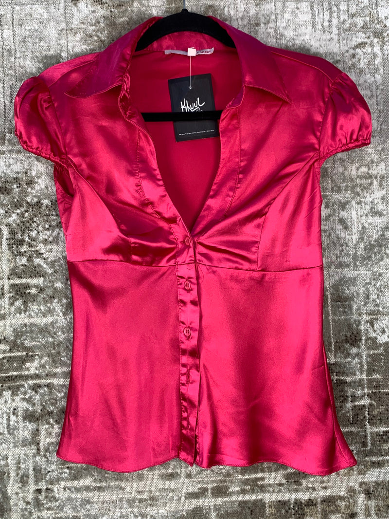 Womens Vintage Y2K Hot Pink Satin Blouse
