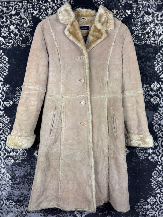 Women's Y2K Light Brown Suede Coat with Soft Faux Fur Trim